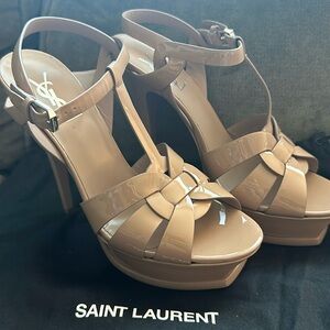 YSL SAINT LAURENT Tribute Platform Patent Leather Tan Nude Sandals Heel 39.5
